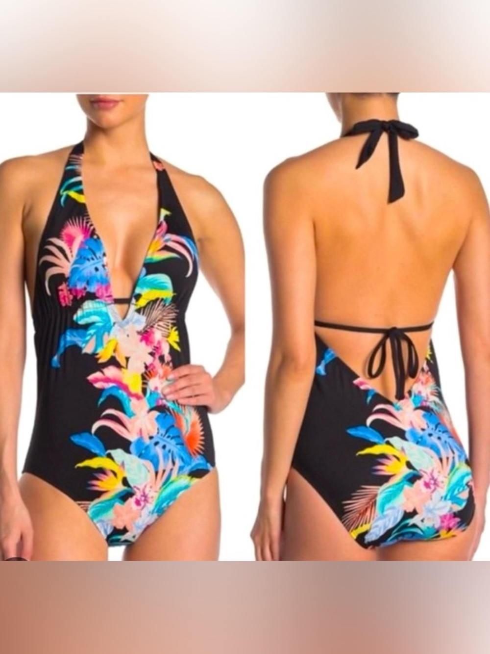 Rainflorist Plunge One-Piece Swimsuit Laundry by Shelli Segal Halter V Neck SZ S